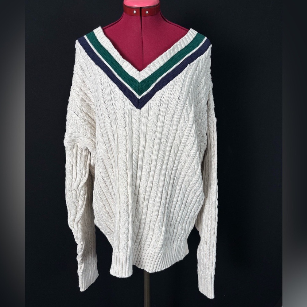 V-Neck Knit Sweater with Green and Navy Accents